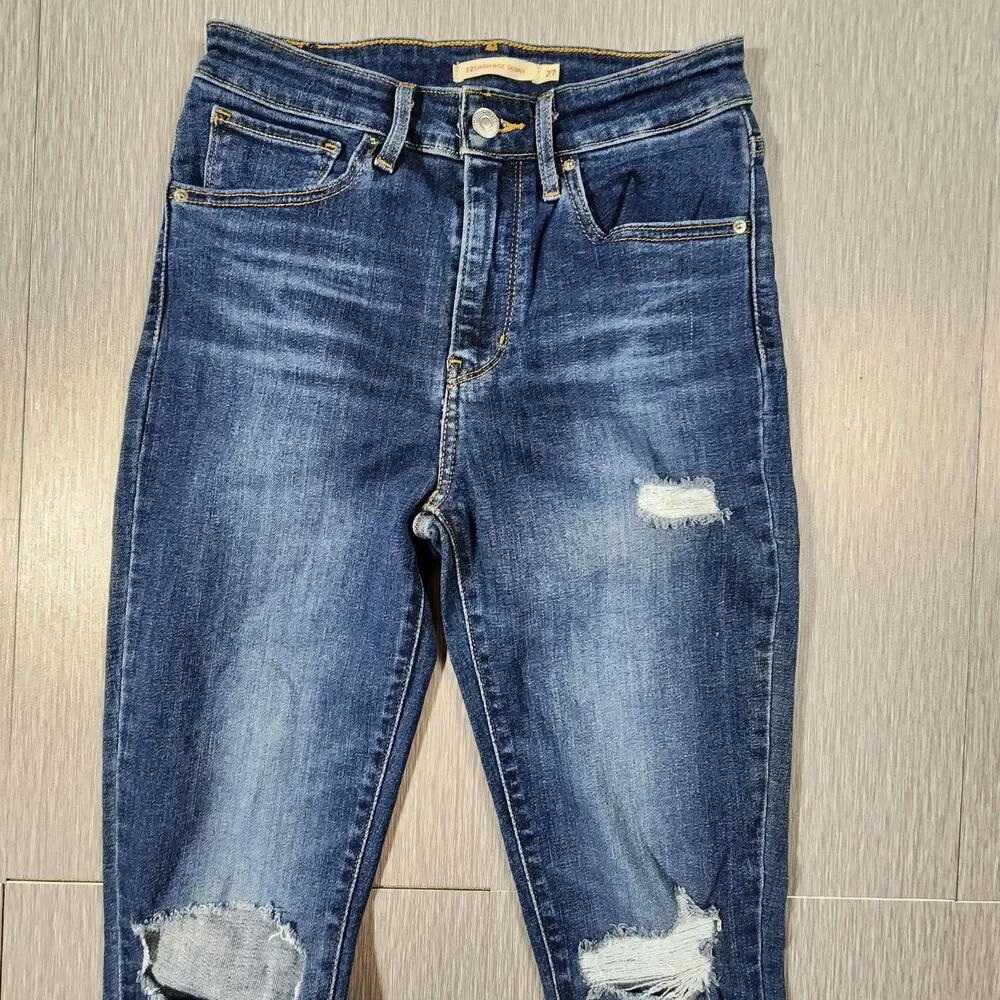 Levi’s 721 High Rise Skinny Stretch Distressed Dark Wash Jeans Womens Size 27 - Picture 3 of 12